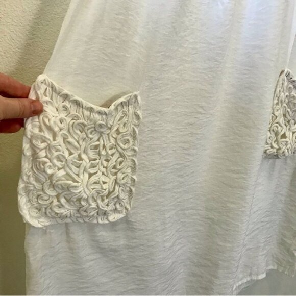 White Macramé Crochet Prairie Core Women's Shift Festival Dress w/ Front Pockets - Picture 4 of 9